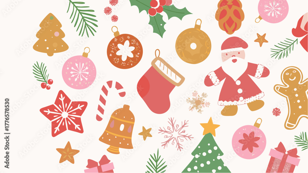 Fototapeta premium Christmas themed pattern with santa claus gingerbread man ornaments and christmas tree decoration elements silhouette