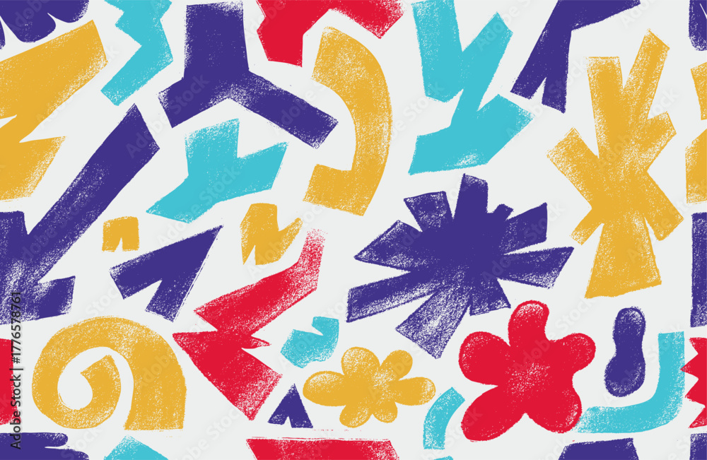 Obraz premium Seamless pattern with funky abstract geometric shapes and crayon-drawn icons. Colorful retro doodle figures, clouds, spirals, zigzags and playful primitive elements in fun childish artistic style.