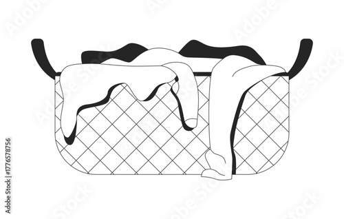 Overflowing laundry basket 2D line object. Clothing hamper with unwashed garments pile. Domestic chores. Clothes wicker container isolated clipart vector ink outline item. Monochrome spot illustration