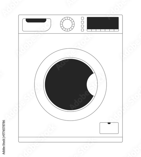Front-load washing machine 2D line object. Washer household dryer. Modern appliance. Home electronics. Laundry convenience isolated clipart vector ink outline item. Monochrome spot illustration