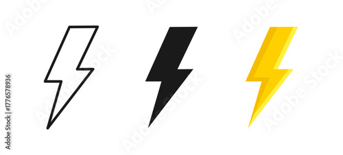 Lightning icon set. Flash symbol, lightning, lightning blitz strike sign. Power icon. Design element for website. Electric energy black silhouettes, power concept. Glyph, outline, and pop art style.