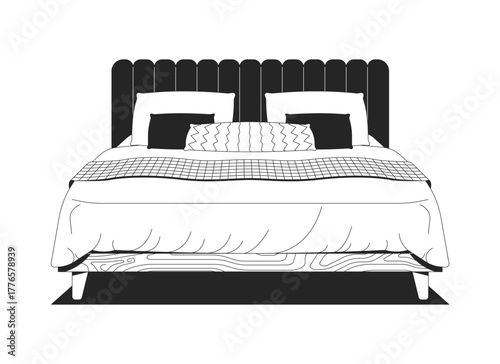 Cozy bed with upholstered headboard 2D line object. Modern bedding with comforter, throw pillows, soft duvet. Bedroom decor isolated clipart vector ink outline item. Monochrome spot illustration