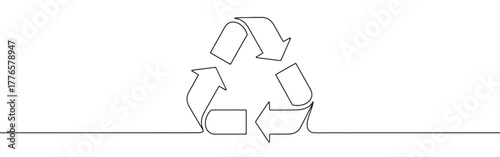 Continuous line drawing of a recycling symbol, representing environmental care and sustainability, isolated on a white background.