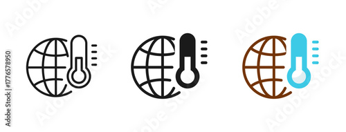 Global warming icon. Globe, planet, world, thermometer. Line, glyph and flat style. Planet earth with thermometer. Vector illustration