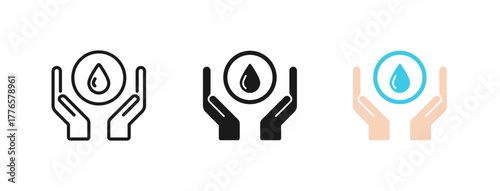  Save aqua resource, environment protection icon set. Caring for the environment. Hygiene health care, cleanse water symbol. Line, glyph and flat style. World Water Day. Vector Illustration.