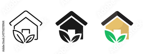 Green eco friendly house icon set. Eco House Logo. Line, glyph and flat style Vector illustration