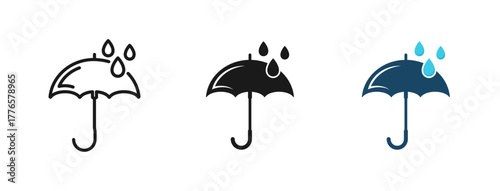 Umbrella icon set. Open umbrella, protect from rainy weather in autumn, summer, spring. Protection parasol symbol. Rain weather signs. Season symbols. Rainy icons. Line, glyph and flat style. Vector