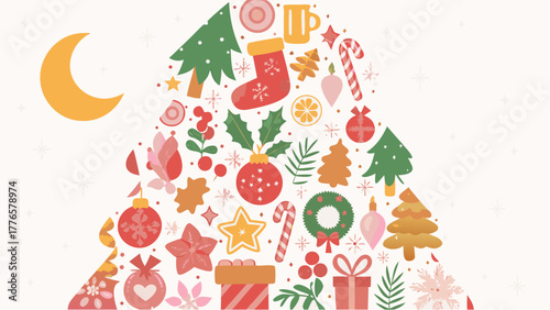 Christmas tree shape filled with festive ornaments and a crescent moon on a white background design silhouette