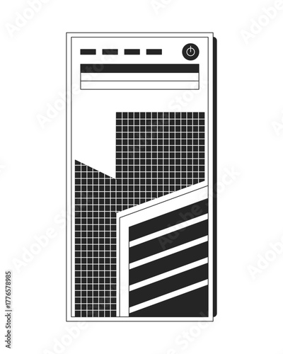Modern desktop computer case 2D line object. Hardware enclosure with geometric grid design. Tech device with power button isolated clipart vector ink outline item. Monochrome spot illustration