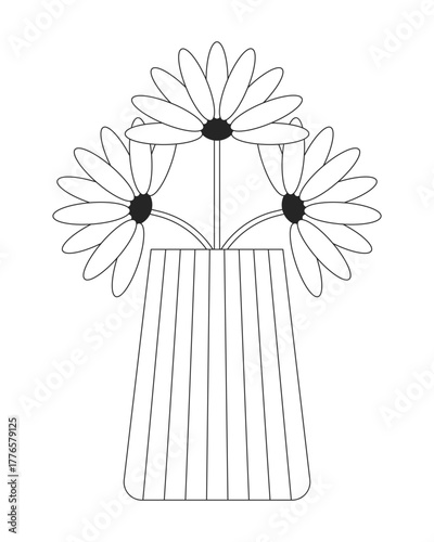 Daisies in glass striped vase 2D line object. Chamomiles plants botanical decor. Floral blooms. Camomiles flowers arrangement isolated clipart vector ink outline item. Monochrome spot illustration