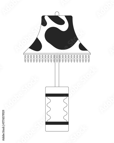 Decorative table lamp with patterned shade 2D line object. Cow print desk lamp vintage. Boho lighting. Eclectic home decor isolated clipart vector ink outline item. Monochrome spot illustration