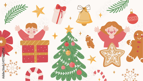 Illustration of christmas elements including tree, gifts, and gingerbread cookies with happy children silhouette