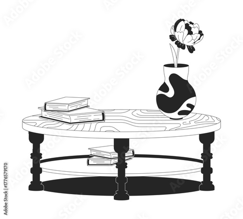Coffee table styling with vase and books 2D line object. Wooden surface with peony flower, bookstack. Reading nook furniture isolated clipart vector ink outline item. Monochrome spot illustration
