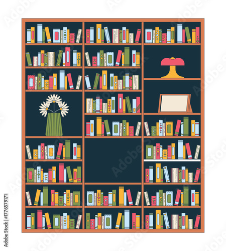 Large wooden bookshelf with retro decor items 2D cartoon object. Home library. Hardcover novels, daisies vase, photo frame, lamp isolated element flat vector clip art on white. Spot illustration