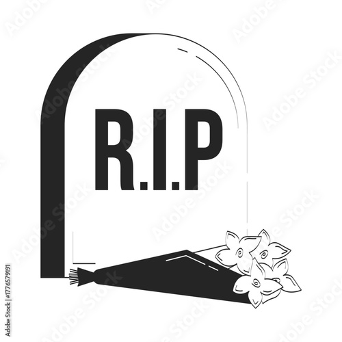 RIP tombstone with flowers doodle linear object. Memorial bouquet headstone. Mourning death. Gravestone sympathy 2D vector outline clip art drawing isolated on white. Hand drawn sketch illustration