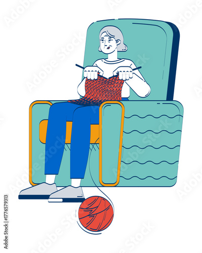 Senior woman relaxing and knitting in armchair 2D doodle character. Leisure in old age. Caucasian grandma retirement cartoon person vector drawing isolated on white. Hand drawn illustration colorful