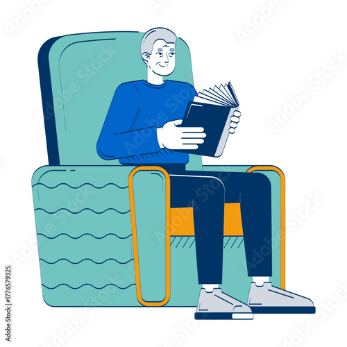 Senior man reading comfortably in armchair 2D doodle character. Retirement hobby. Caucasian grandpa holding book cartoon person vector drawing isolated on white. Hand drawn illustration colorful