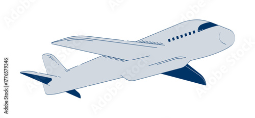 Commercial airplane in flight 2D doodle object. Aviation travel. Passenger plane. Flying aircraft transport cartoon element flat vector clipart isolated on white background. Hand drawn illustration
