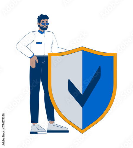 Black male insurer standing behind security shield 2D doodle character. African american assurer suggesting insurance cartoon person vector drawing isolated on white. Hand drawn illustration colorful