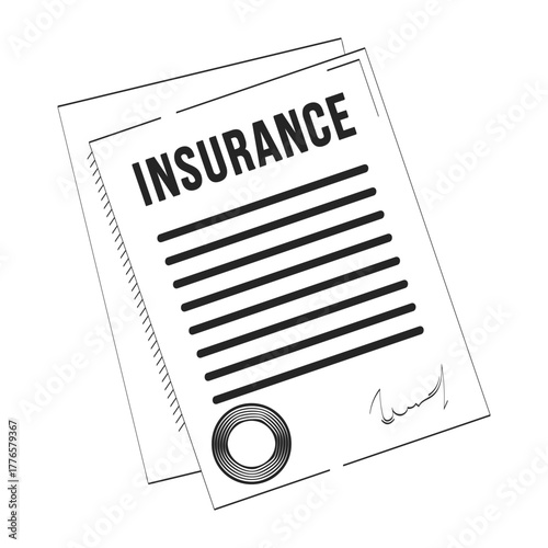 Insurance document with seal and signature doodle linear object. Legal assurance. Coverage paperwork signing 2D vector outline clip art drawing isolated on white. Hand drawn sketch illustration