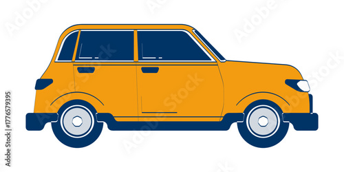 Orange sedan car side view 2D doodle object. Automobile rental. Urban vehicle. City driving. Auto transport cartoon element flat vector clipart isolated on white background. Hand drawn illustration