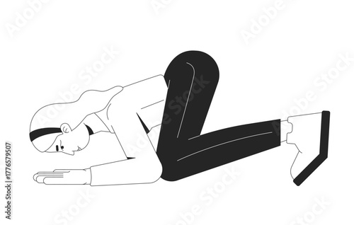 Humble blonde woman bowing in kneeling pose 2D line character. Respect submission. Caucasian female adult in silent apology isolated vector ink outline person. Monochromatic spot illustration