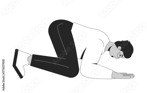 Arab man kneeling in humble bow 2D line character. Apology gesture. Plea. Spiritual middle eastern male adult in prostration pose isolated vector ink outline person. Monochromatic spot illustration