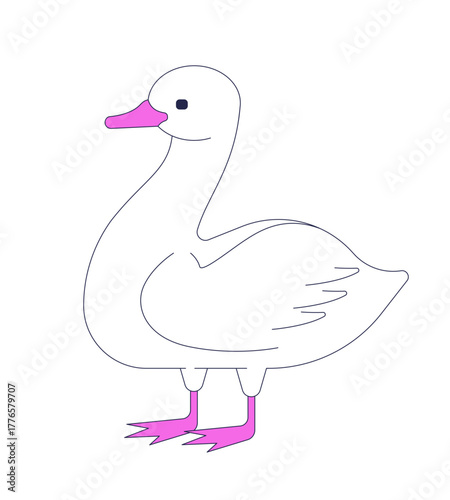 White goose 2D cartoon character. Farm bird duck. Wild poultry. Domestic fowl. Rural waterfowl. Farming livestock. Avian wildfowl flat vector animal isolated on white. Spot illustration colorful