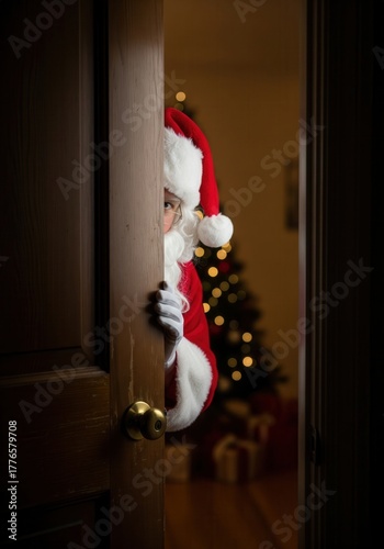 Santa's Secret Peek From a Doorway On Christmas Eve