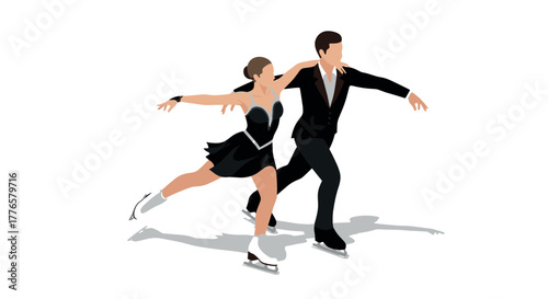 Elegant ice skaters performing duo routine in rink with dynamic movement and graceful poses