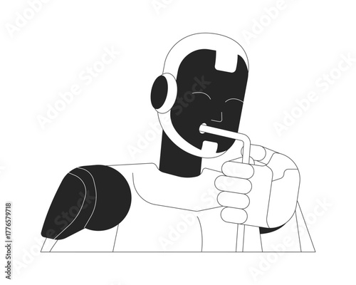 Cute humanoid robot sips straw 2D line character. Scifi machine sipping. Artificial intelligence drinking through plastic tube isolated vector ink outline personage. Monochromatic spot illustration