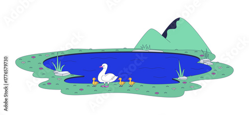 Duck and ducklings walking near pond 2D vector illustration. Mother goose goslings free range. Wild birds by lake mountain landscape flat scene isolated on white background. Colorful cartoon image