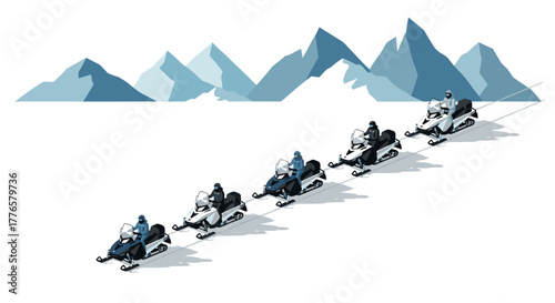 Adventurous snowmobile trek through majestic winter mountain landscape