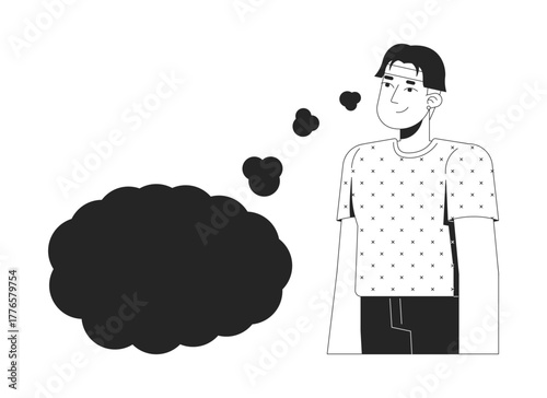 Young asian man thinking with empty thought bubble 2D line character. Thoughts happy. Chinese guy daydreaming contemplating isolated vector ink outline person. Monochromatic spot illustration