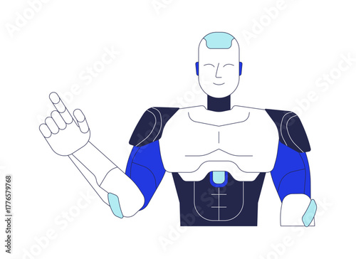 Smiling robot gesturing upward with finger 2D cartoon character. Technology mascot. Helpful guide. Robotic humanoid pointing up flat vector personage isolated on white. Spot illustration colorful
