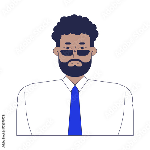 Bearded black man with sunglasses and tie 2D avatar human face. Corporate african american male office worker in glasses cartoon illustration character portrait isolated. Flat user profile color image