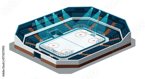 Modern isometric ice hockey arena with seating and lighting