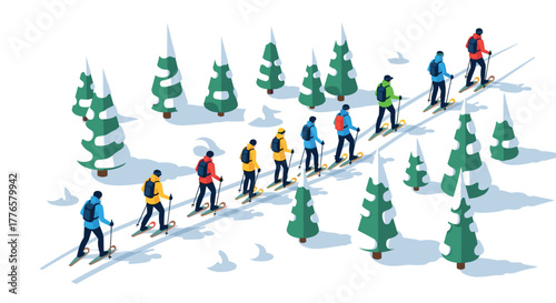 Isometric winter hike group skiing through snowy forest with evergreen trees