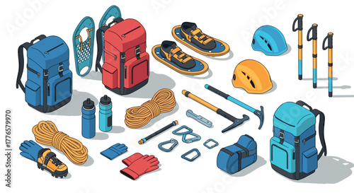 Isometric camping gear with hiking equipment and safety accessories