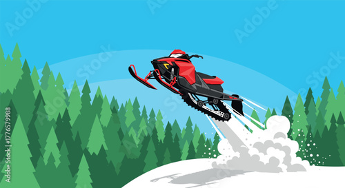 Dynamic snowmobile racing in winter forest adventure scene with clear blue sky