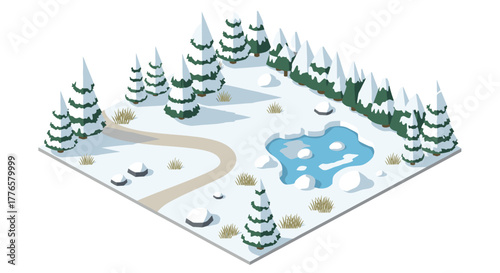 Winter landscape with snowy trees and frozen pond in isometric style