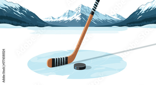Hockey stick and puck on ice lake with mountain view background