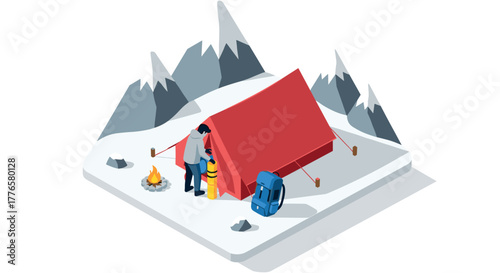 Winter camping scene in snowy mountain landscape with tent and backpack