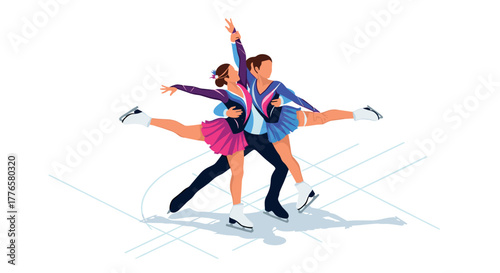 Dynamic ice skating dance pair in colorful costumes performing elegant routine