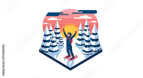 Winter adventure snowshoeing in a vibrant sunset forest scene