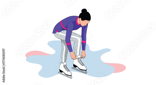 Figure skater tying ice skates on colorful background in flat design