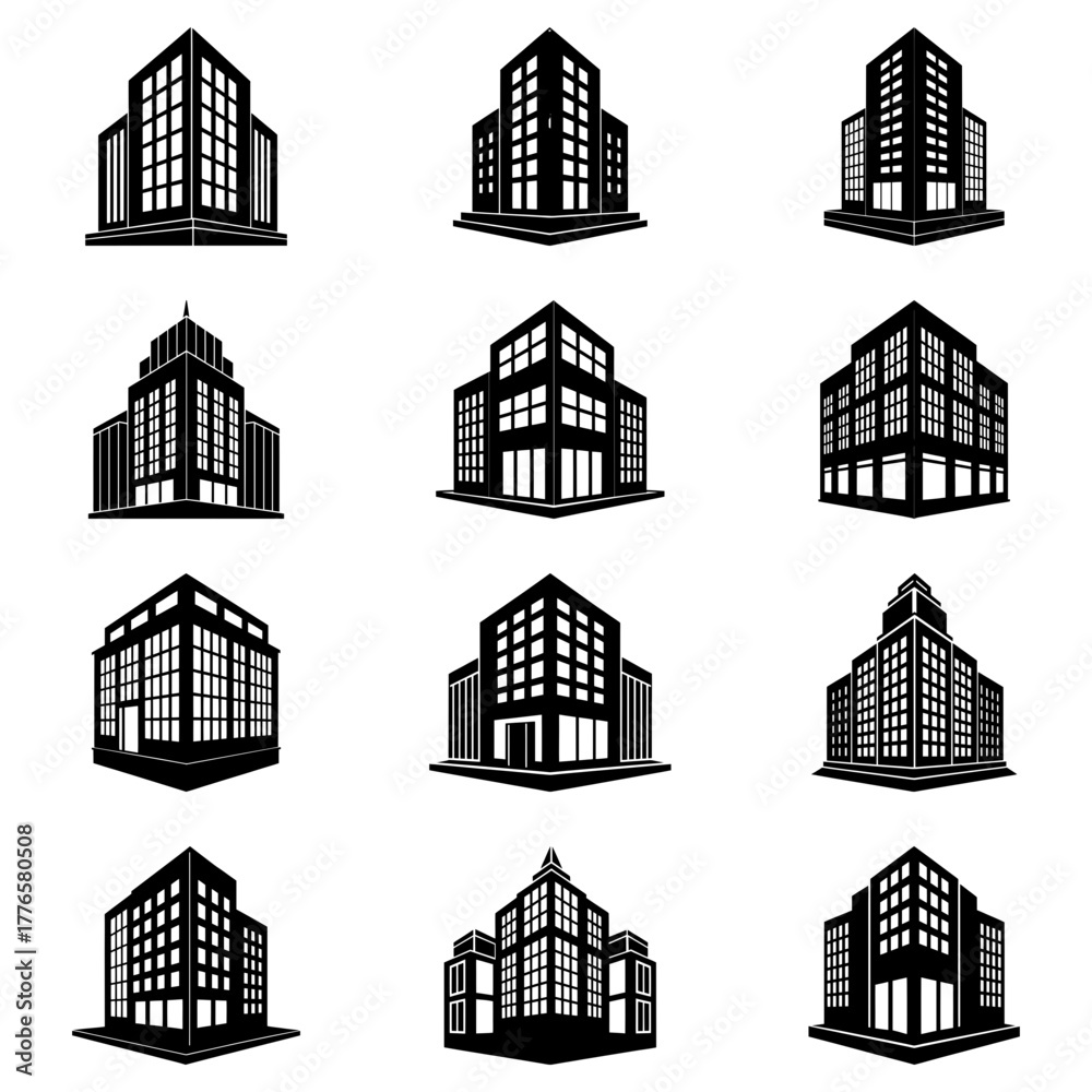 Fototapeta premium Collection of twelve modern building icons, ideal for real estate, architecture, and urban development projects, showcasing simple yet elegant designs
