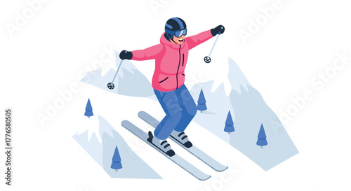 Colorful 3d cartoon style skier in action on snowy mountain landscape with blue trees