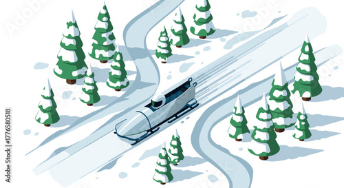 Winter bobsledding adventure on snowy track with evergreen trees in isometric style