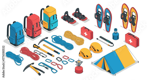 Isometric camping gear set with backpacks, snowshoes, climbing tools, and safety equipment